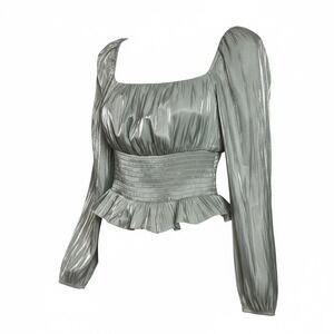 Idem Ditto Ruched Smocked Peplum‎ Square Neck Long Sleeve Metallic Top M (3171)